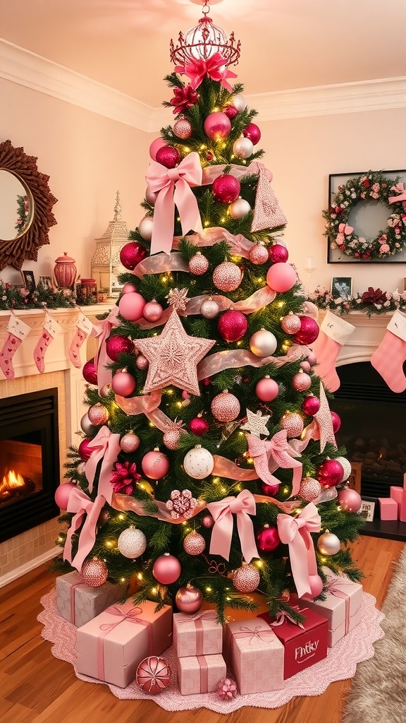A pink-themed Christmas tree with ornaments and ribbons in a cozy living room.